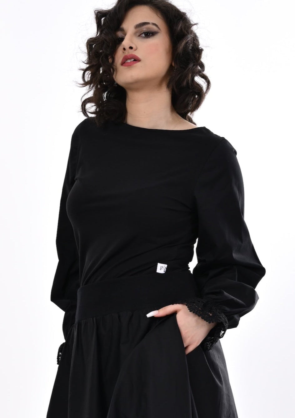 Maranta Top With Lace Cuffs In Black