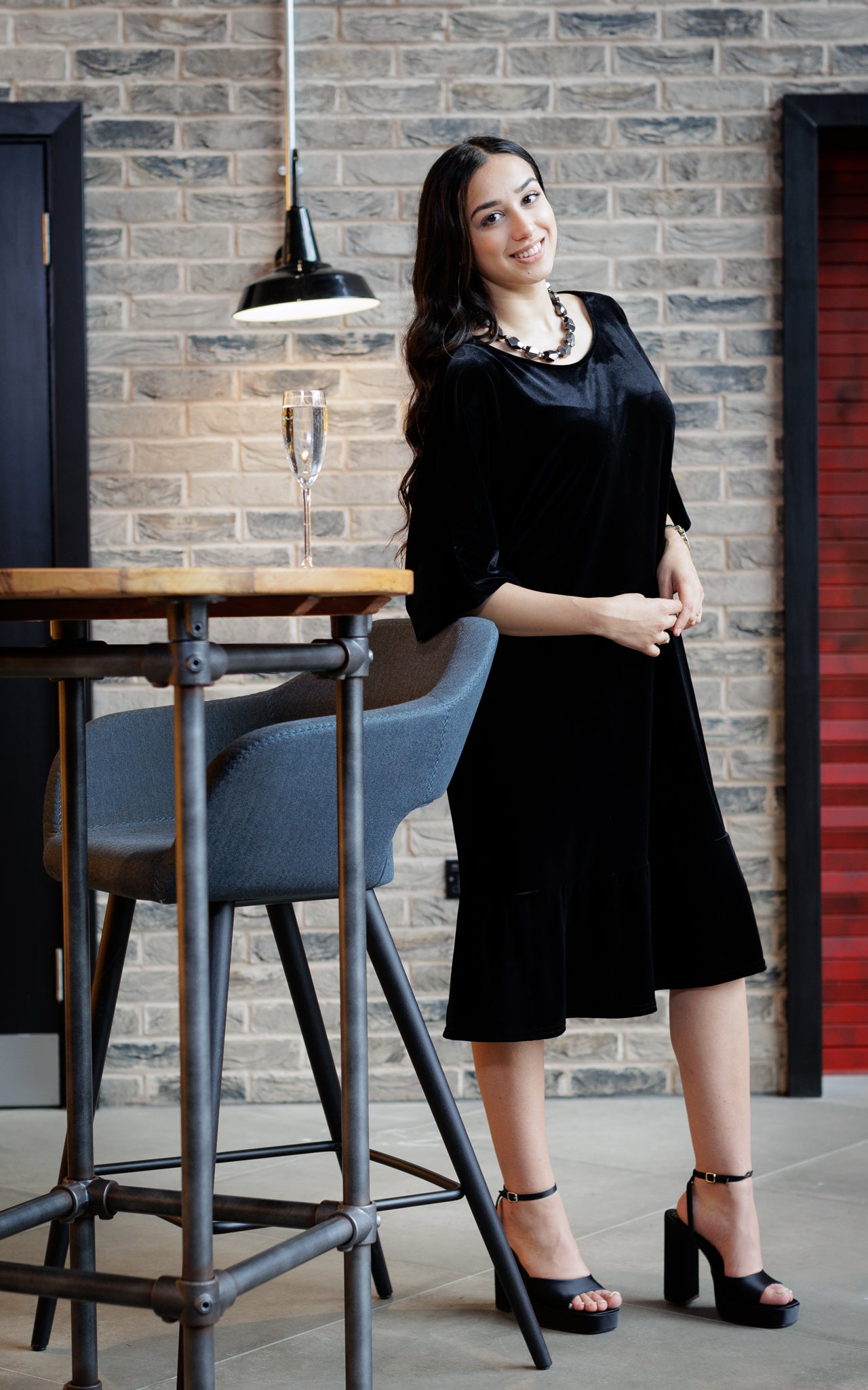 Dana Dress In Black Velour With Belt