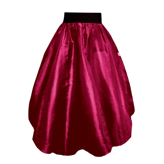 A cerise pink taffeta puffball skirt with a deep waistband, pull-on style, and deep side pockets.
