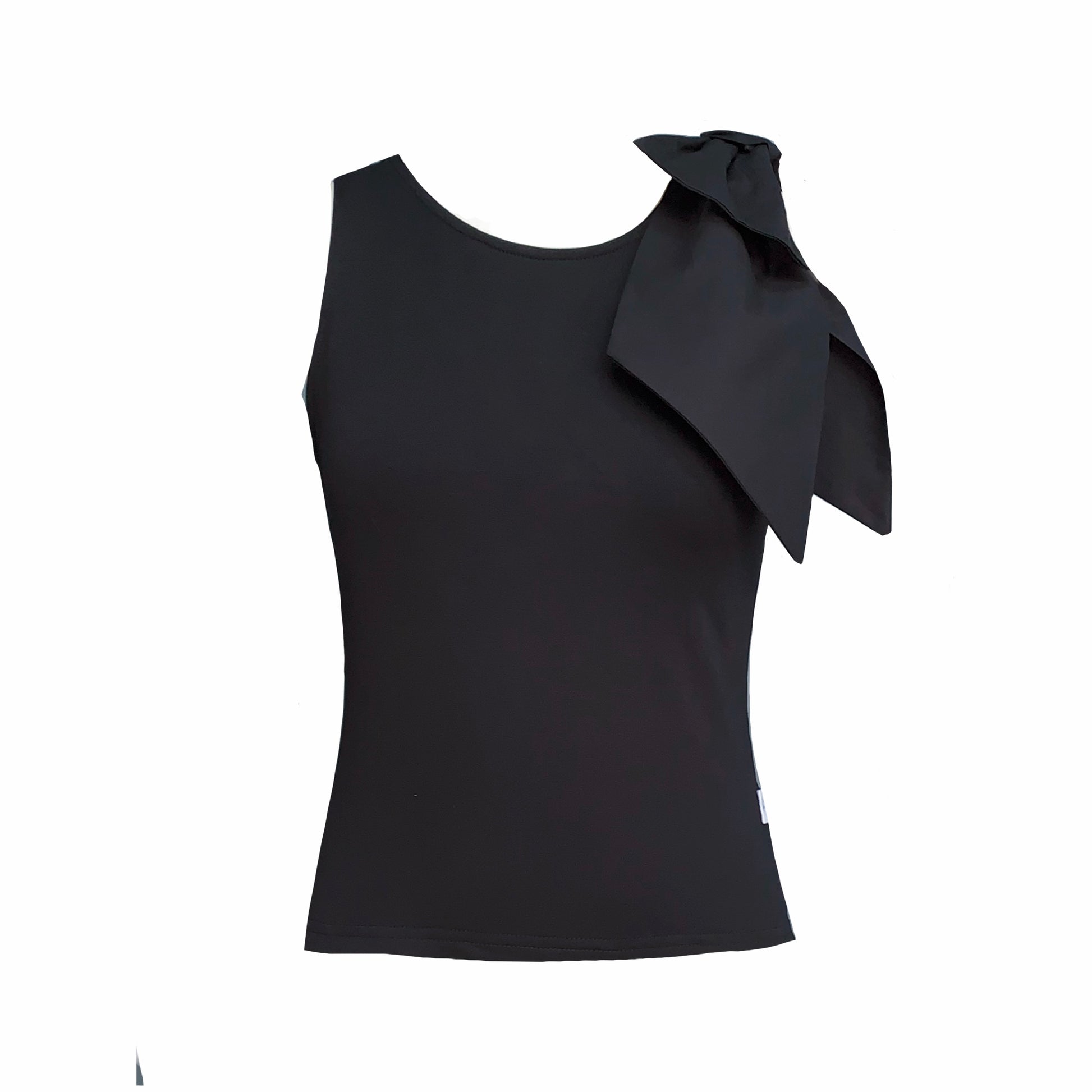 This is a round neck sleeveless top in black silhouetted against a white background. It has an oversized decorative bow sitting proudly over the left shoulder.