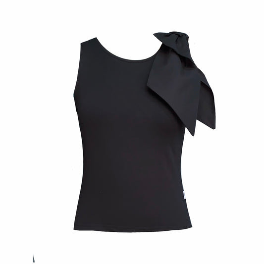 This is a round neck sleeveless top in black silhouetted against a white background. It has an oversized decorative bow sitting proudly over the left shoulder.