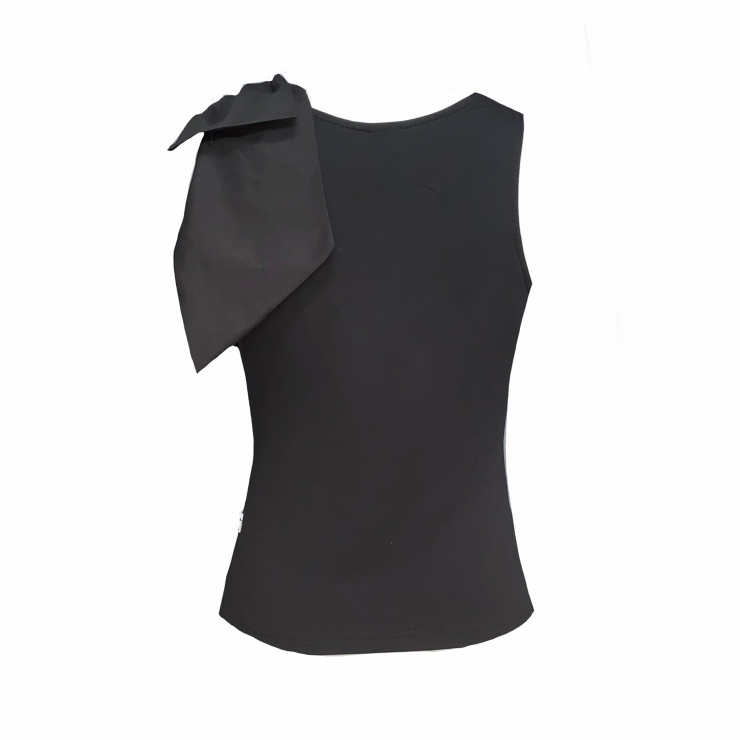 This is a round neck sleeveless top in black silhouetted against a white background. This is the back of the top. It has an oversized decorative bow sitting proudly over the left shoulder.