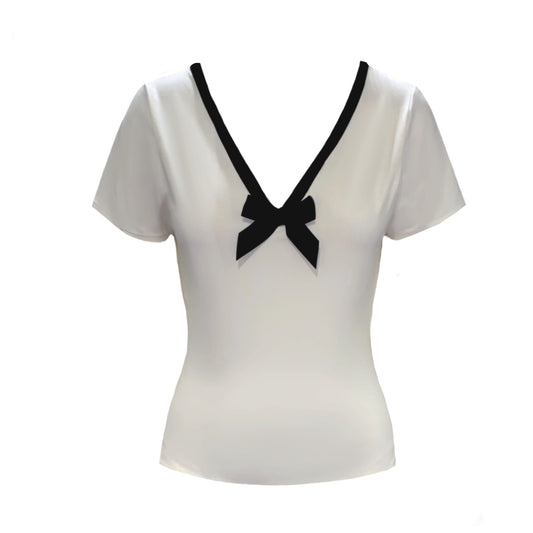 Tuamoto Top In Cream With Black Trim And Bow