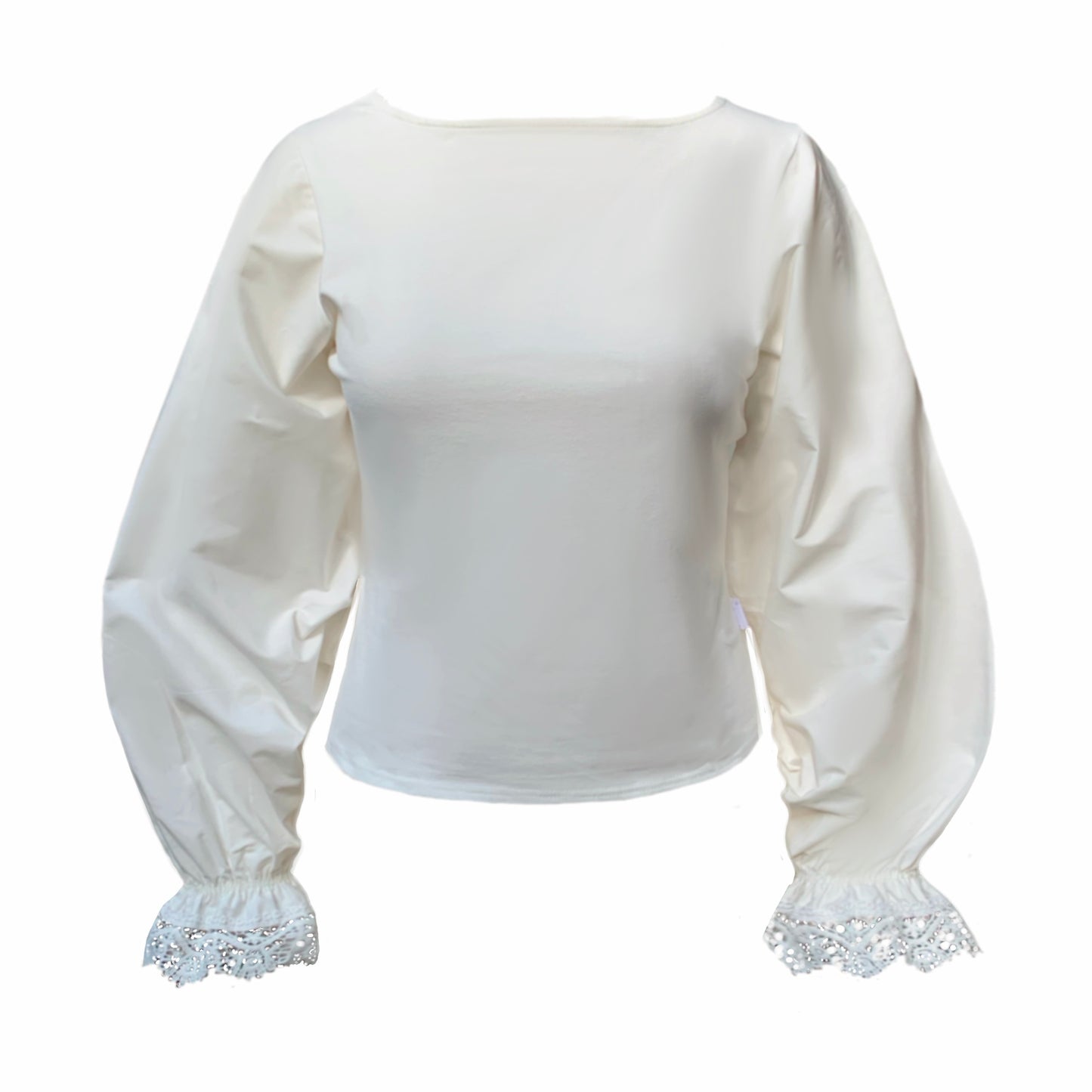 An ivory top with full sleeves and lace cuffs on a white background.