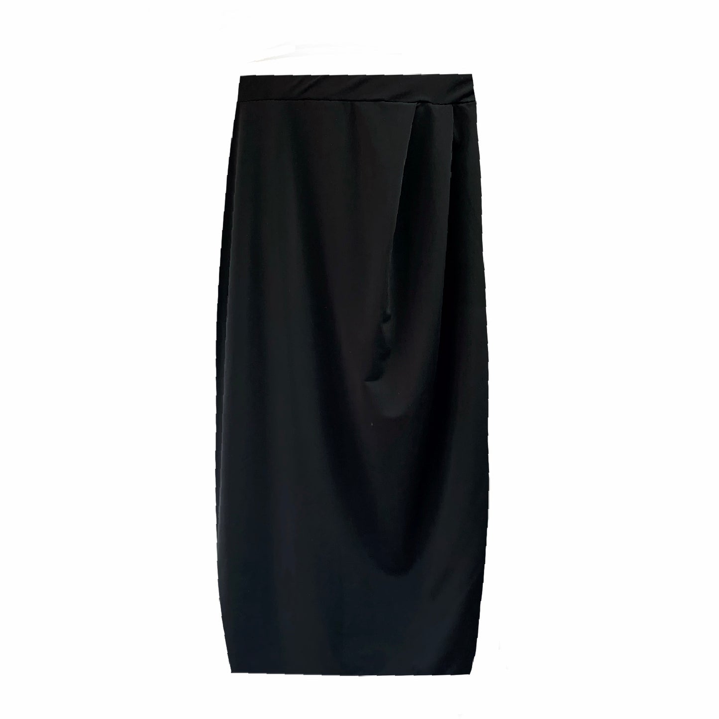 This is a below the knee Shobhana straight midi skirt  in black silhouetted against a white background.
