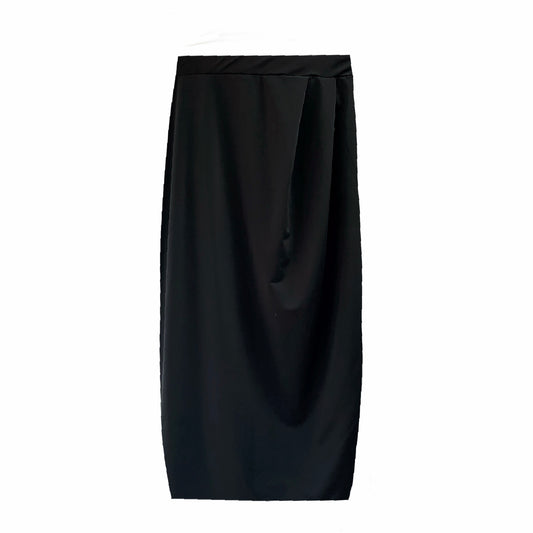 This is a below the knee Shobhana straight midi skirt  in black silhouetted against a white background.