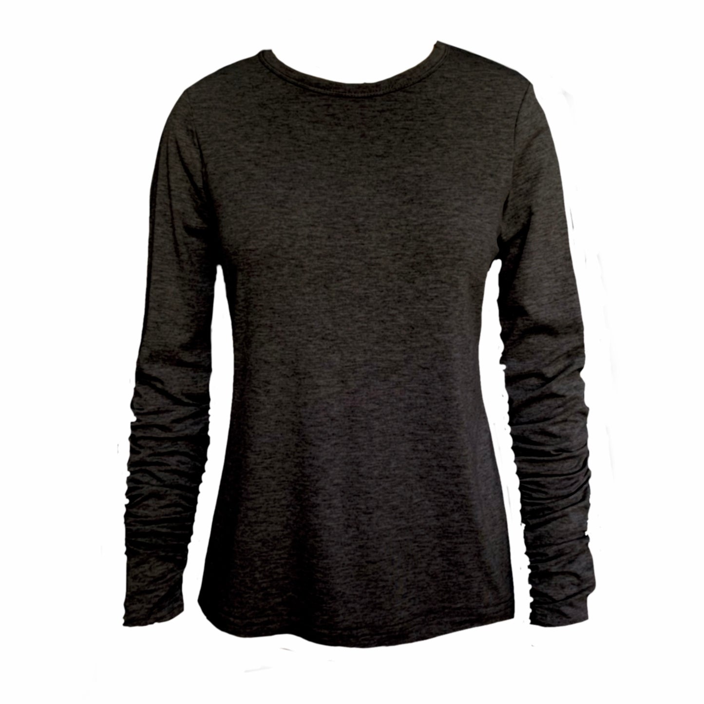 This is a crew neck long sleeve top in black silhouetted against a white background. The sleeves are ruched.
