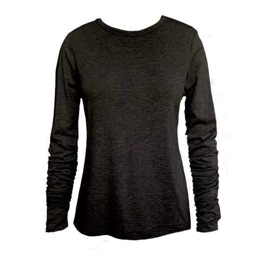 This is a crew neck long sleeve top in black silhouetted against a white background. The sleeves are ruched.