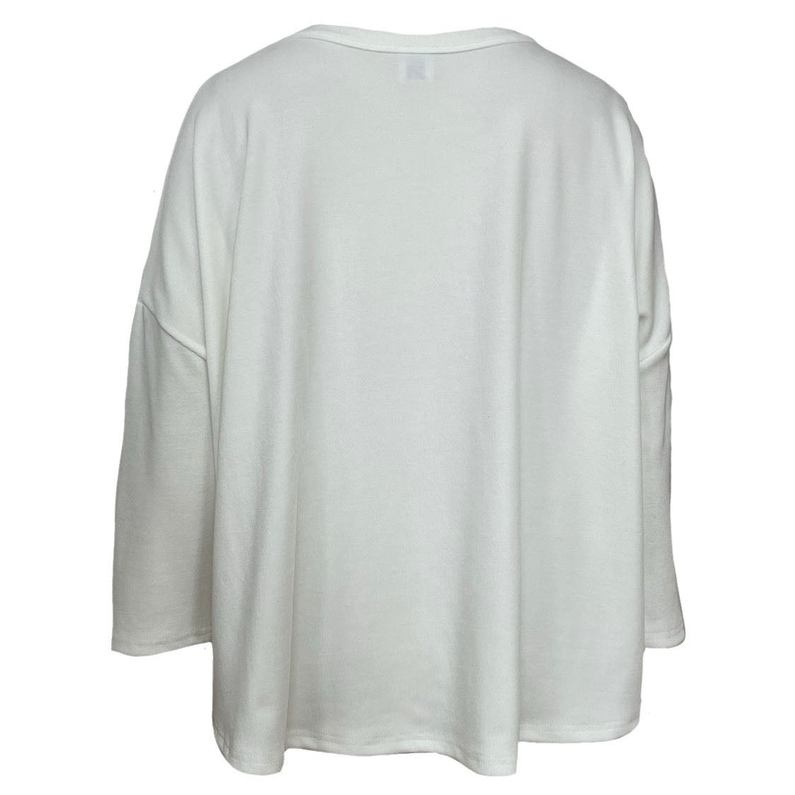 This is a cut out image of a white rib 3/4 sleeve top, knitted in the uk.