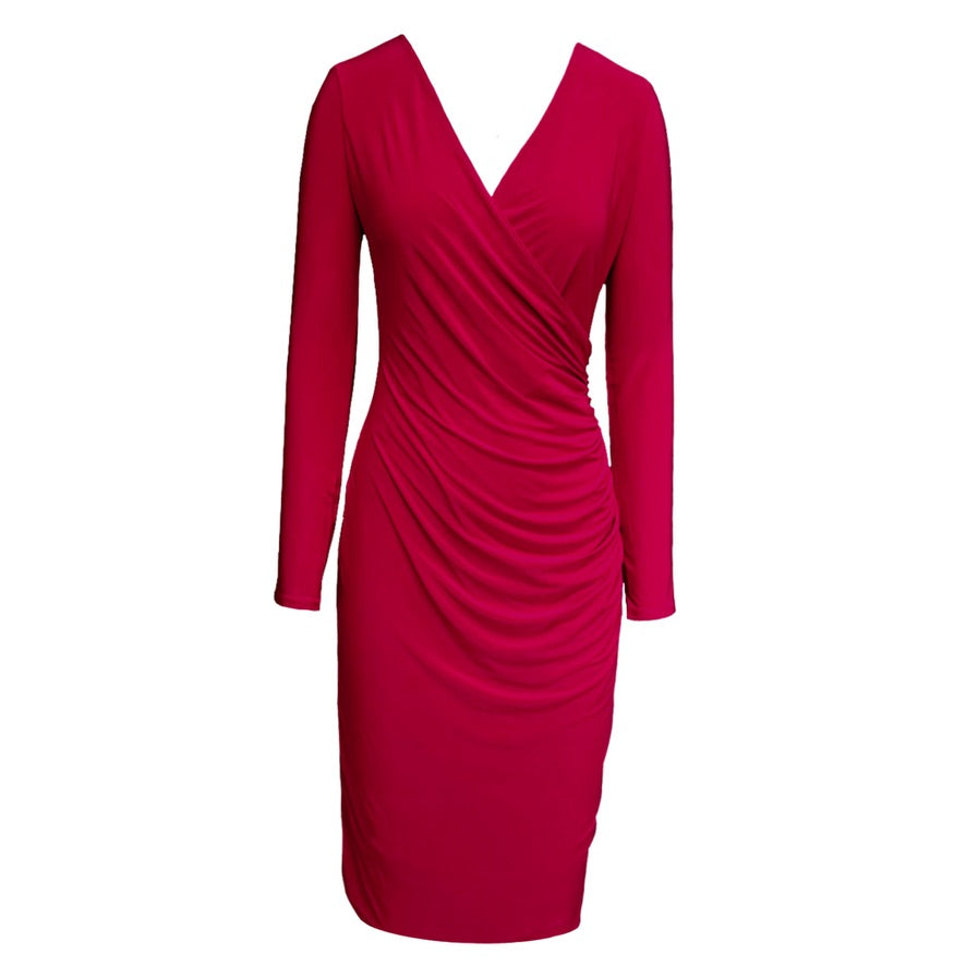 This is a midi length dress in a cherry red colour. It has a deep V neck and ruching down the side across the mock wrap shape, with long sleeves