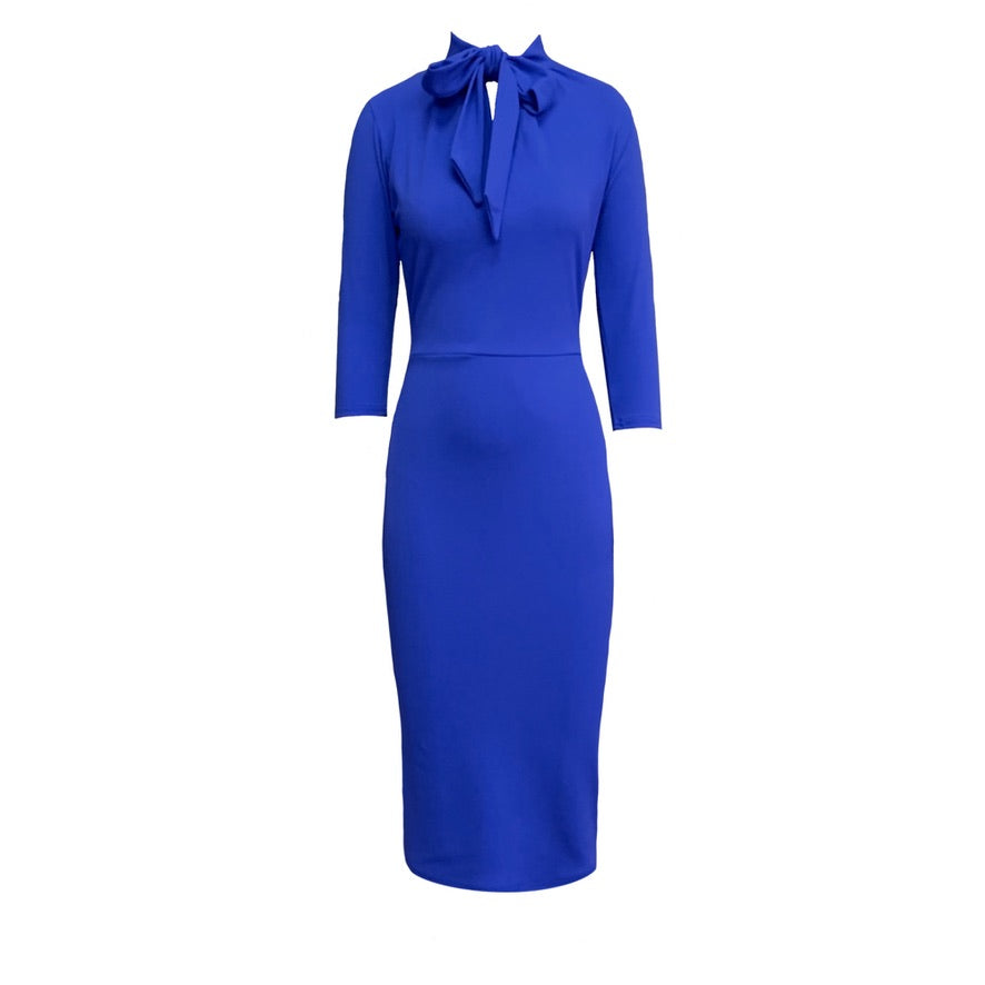 This is a cobalt coloured, fitted midi length dress, which falls below the knee it has 3/4 length sleeves and a high neck tied into a pussy bow.