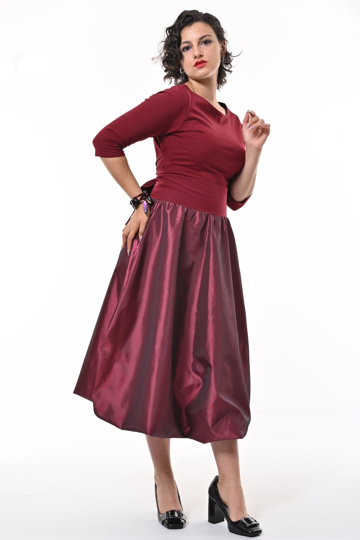 Enoki Puffball Skirt In Burgundy Taffeta