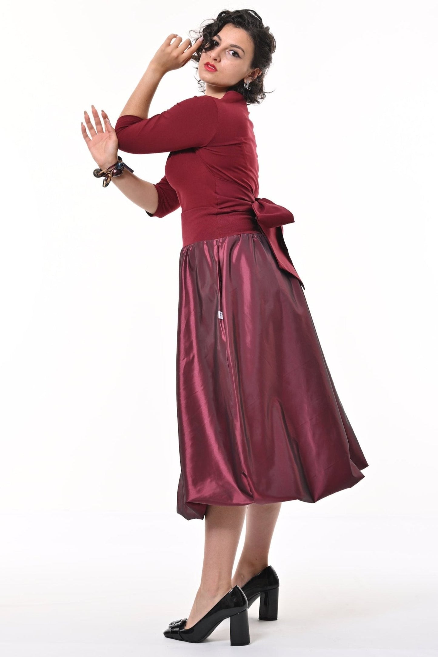 Enoki Puffball Skirt In Burgundy Taffeta