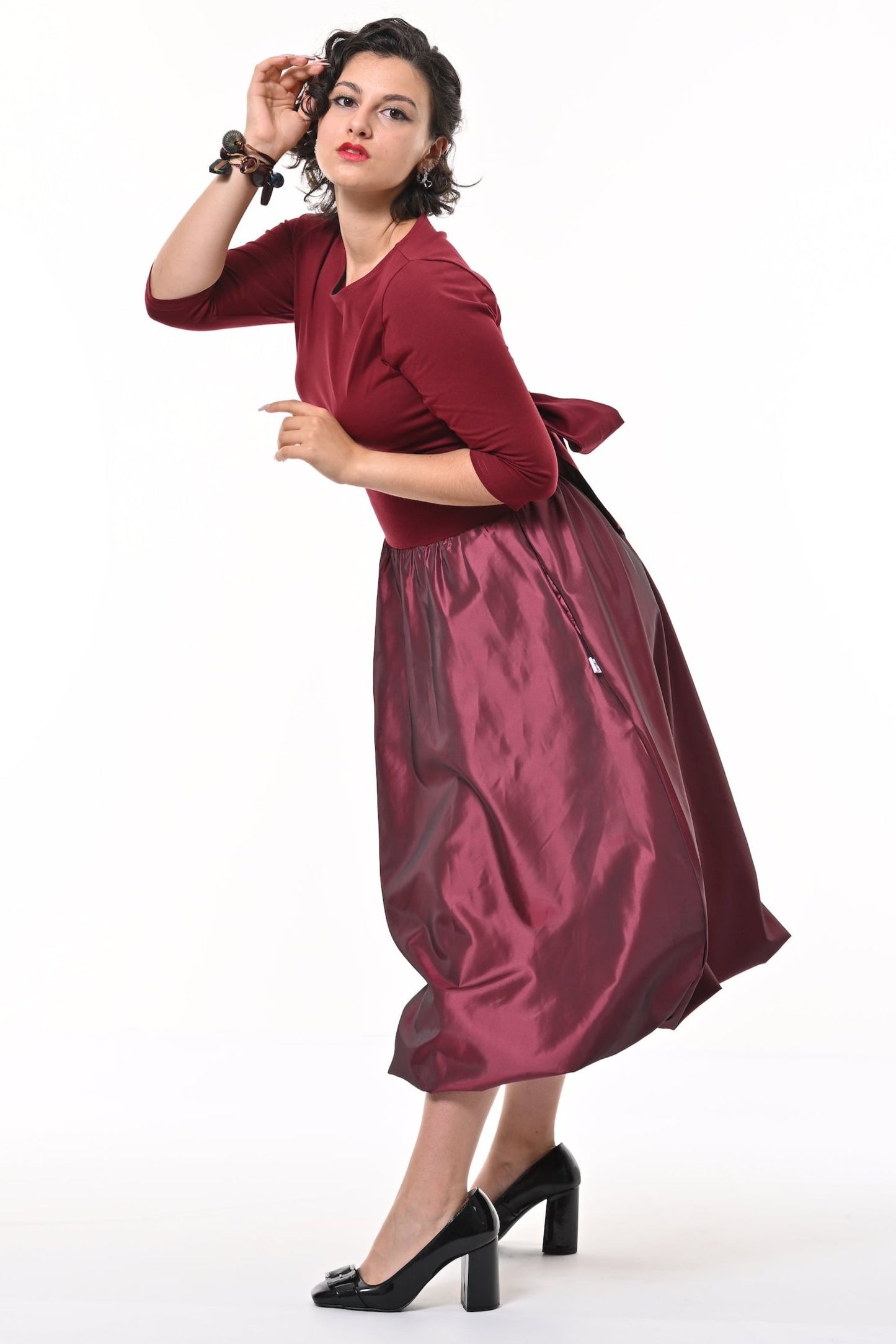 Enoki Puffball Skirt In Burgundy Taffeta