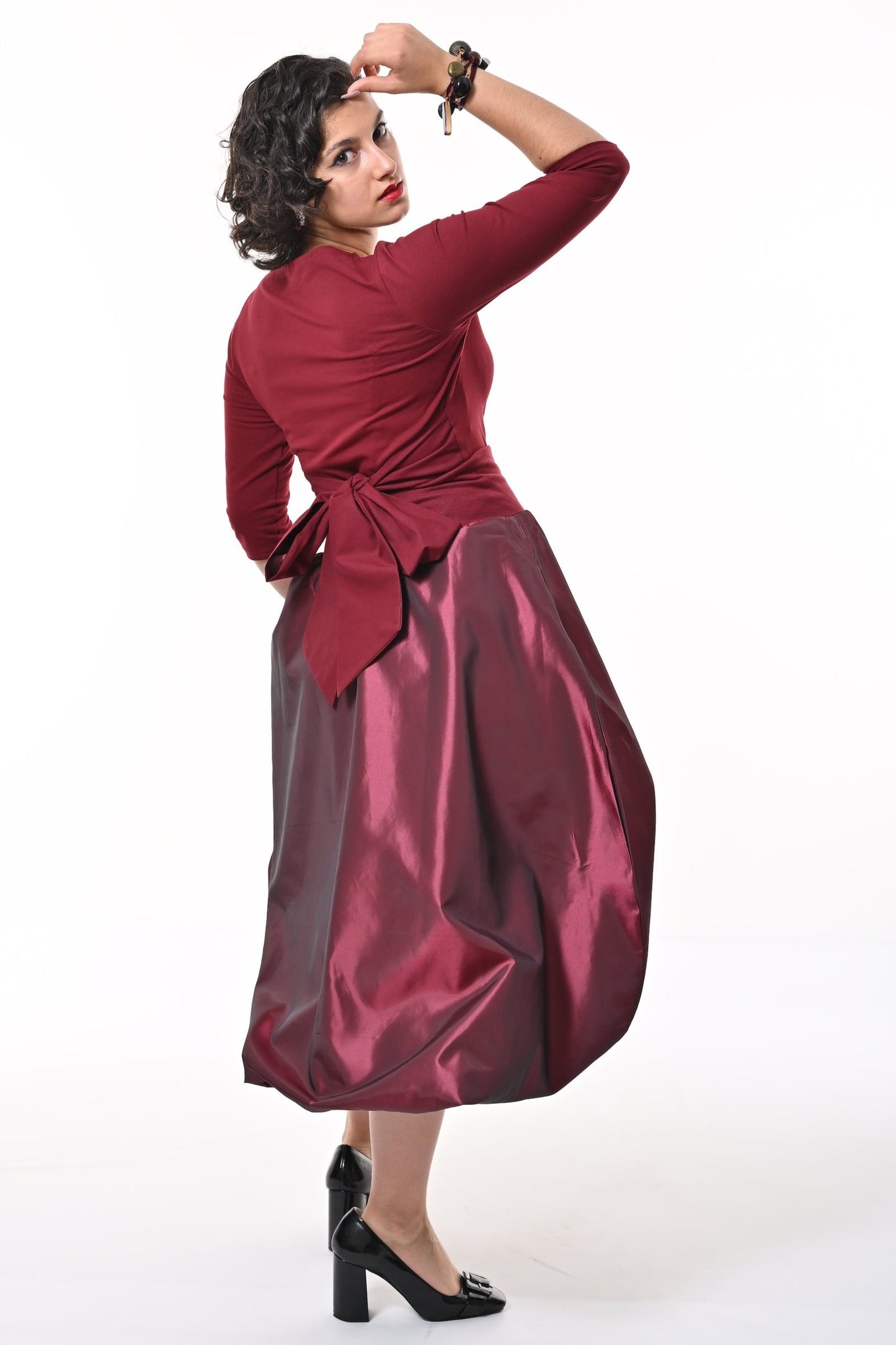 Enoki Puffball Skirt In Burgundy Taffeta