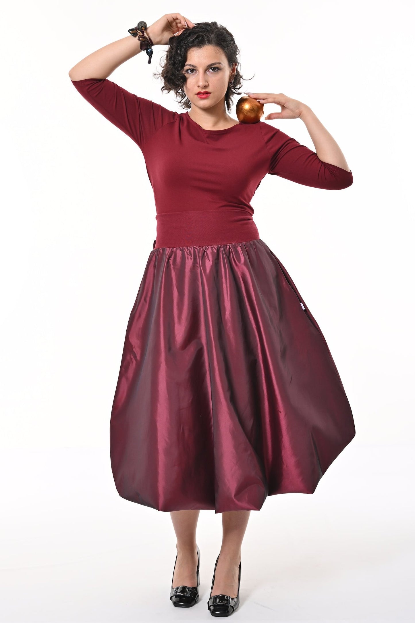 Enoki Puffball Skirt In Burgundy Taffeta