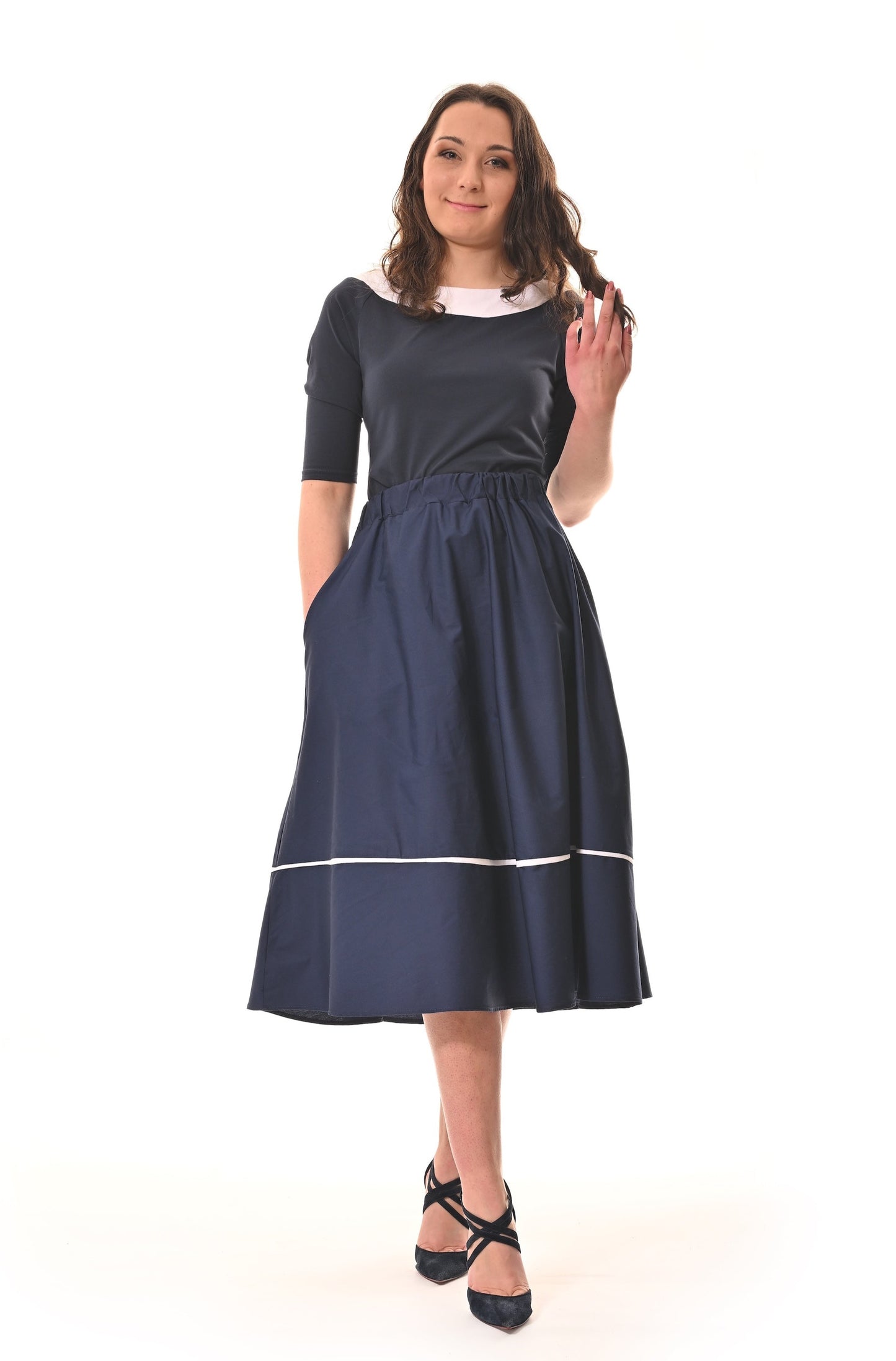 Beau Midi Skirt In Navy Blue With White Trim