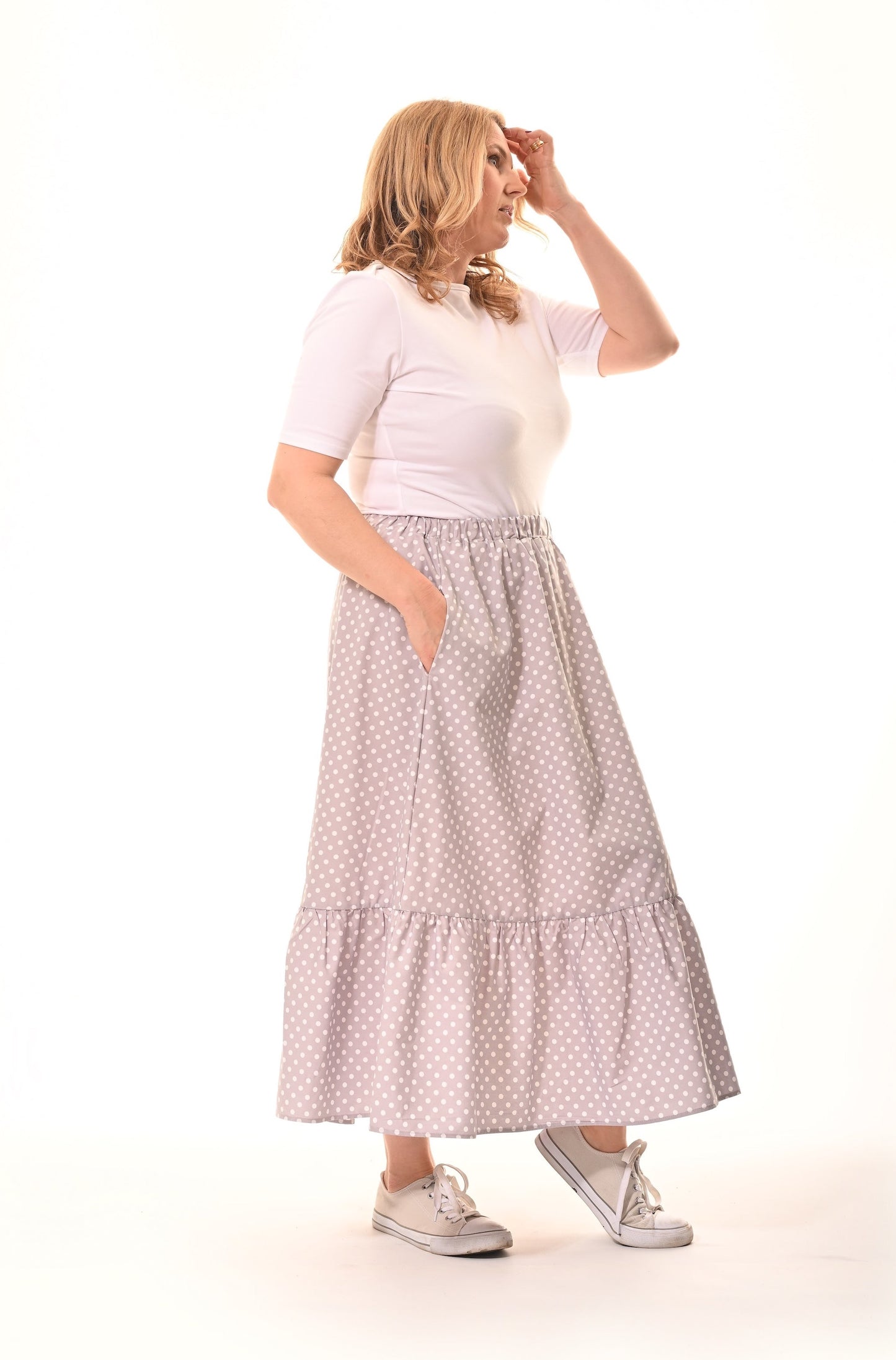 Boho Midi Skirt With Pockets In Grey Polka Dot