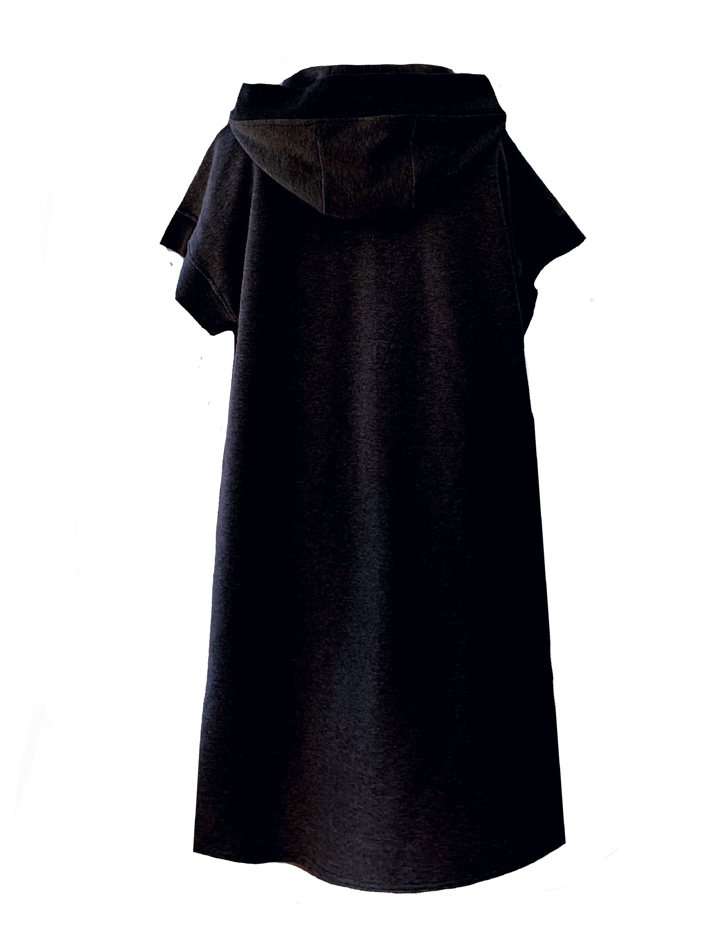 This is the back view of a black longline brushed fleece shrug with a hood set against a white background.