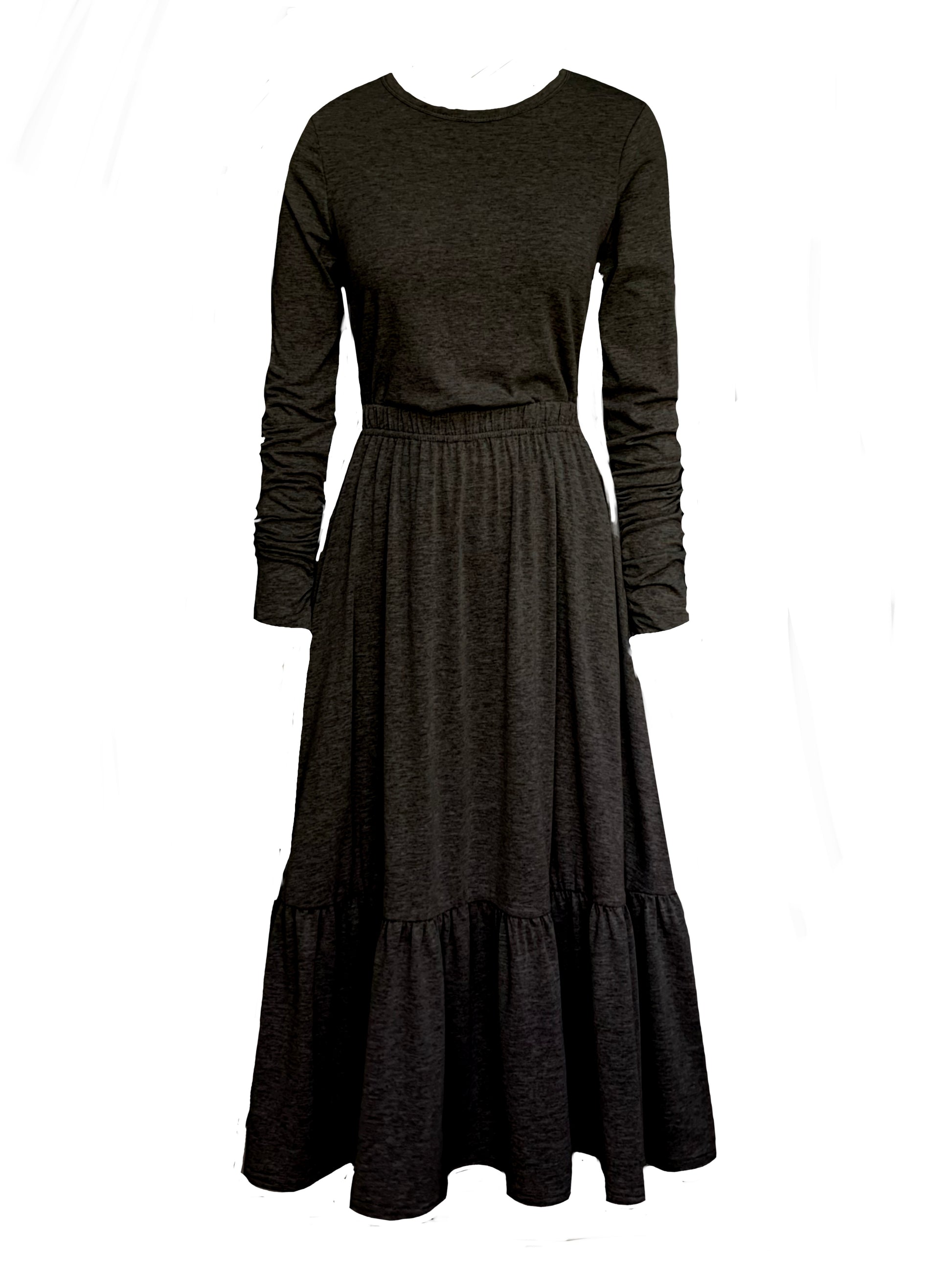 This is a boho gathered midi skirt with pockets in black, paired with a black long sleeve t-shirt with ruched elbows, silhouetted against a white background. 