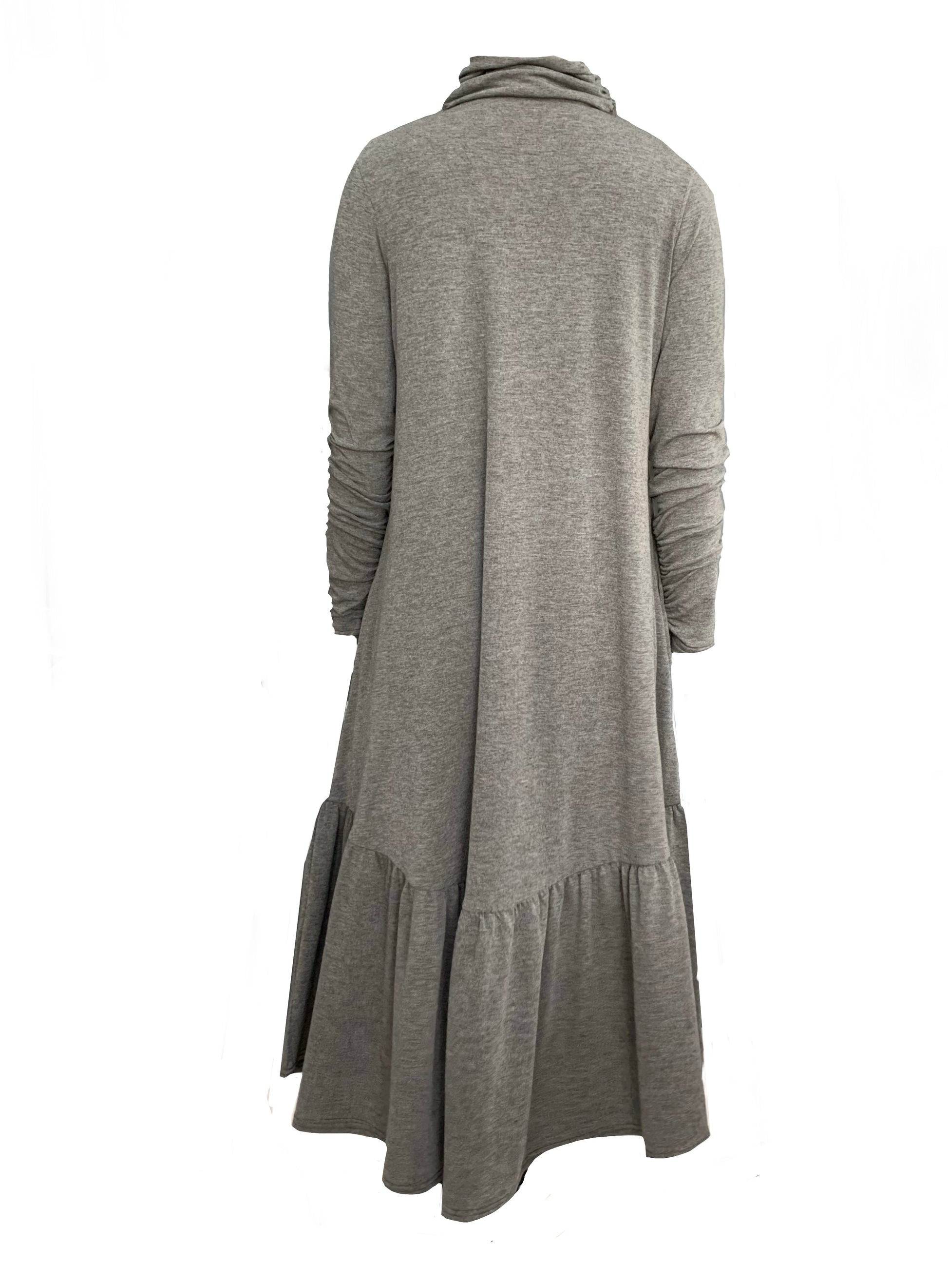 This is the back view of a grey marl dress with ruched turtle neck and sleeves. It is silhouetted against a white background. The sleeves are full length and there is a deep frill around the hem.