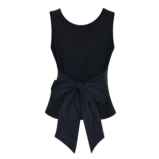 Black sleeveless top with a large bow on a white background