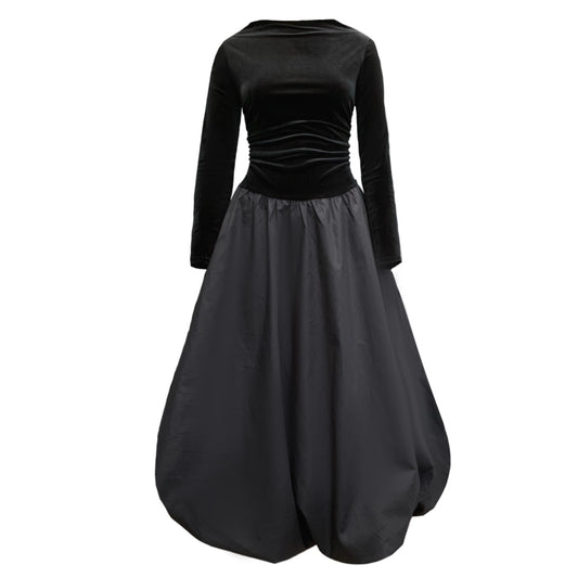 Kiara Puffball Dress In Black Velvet And Cotton