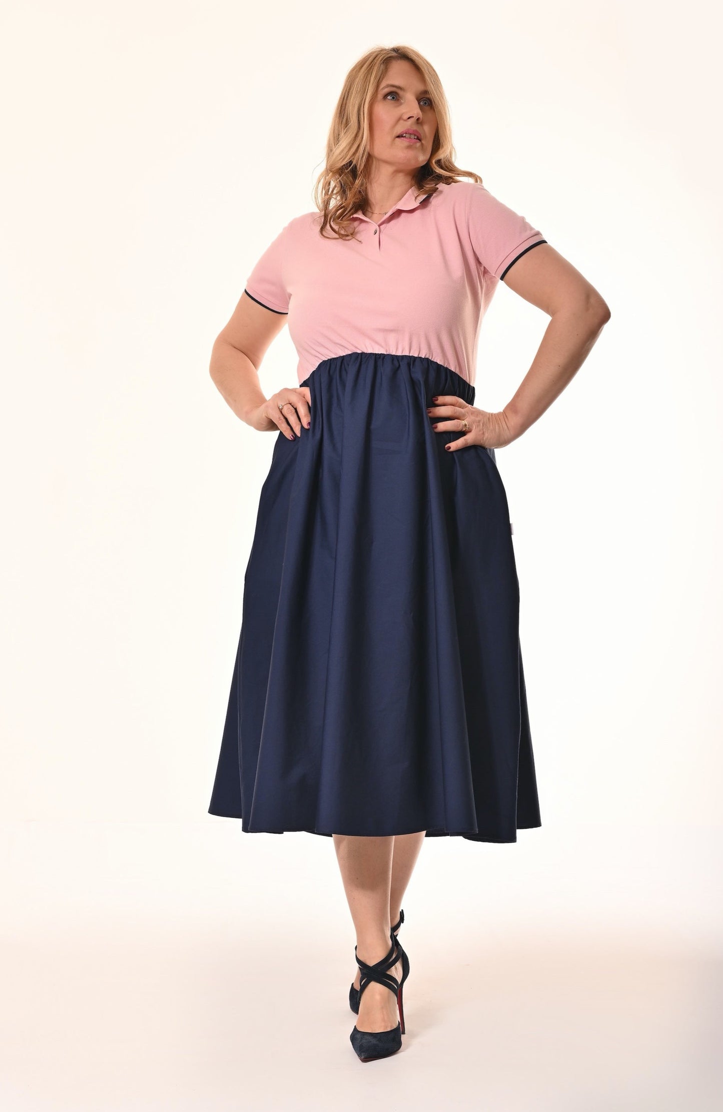 Marina Polo Midi Dress In Pink And Navy