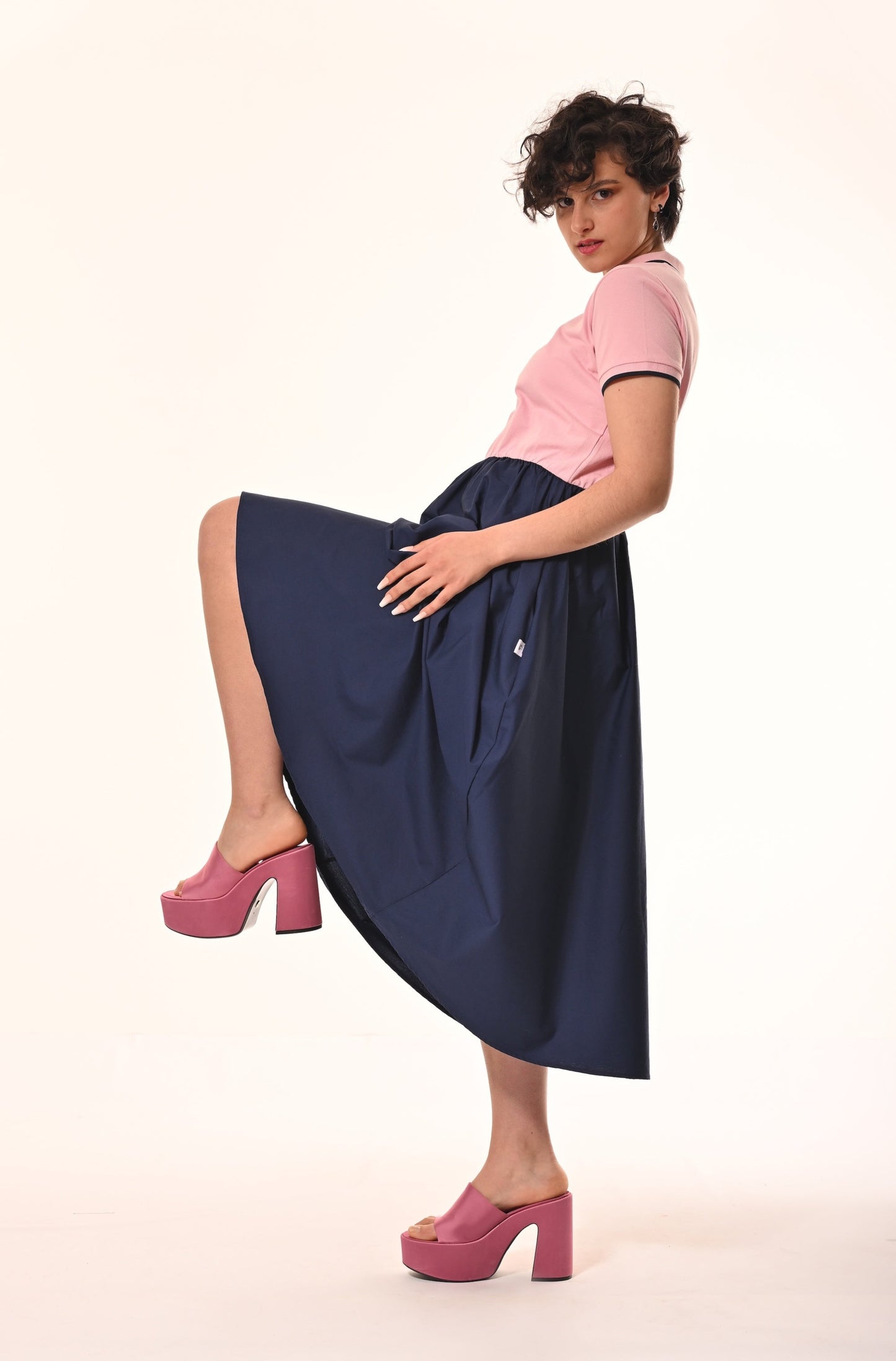 Marina Polo Midi Dress In Pink And Navy