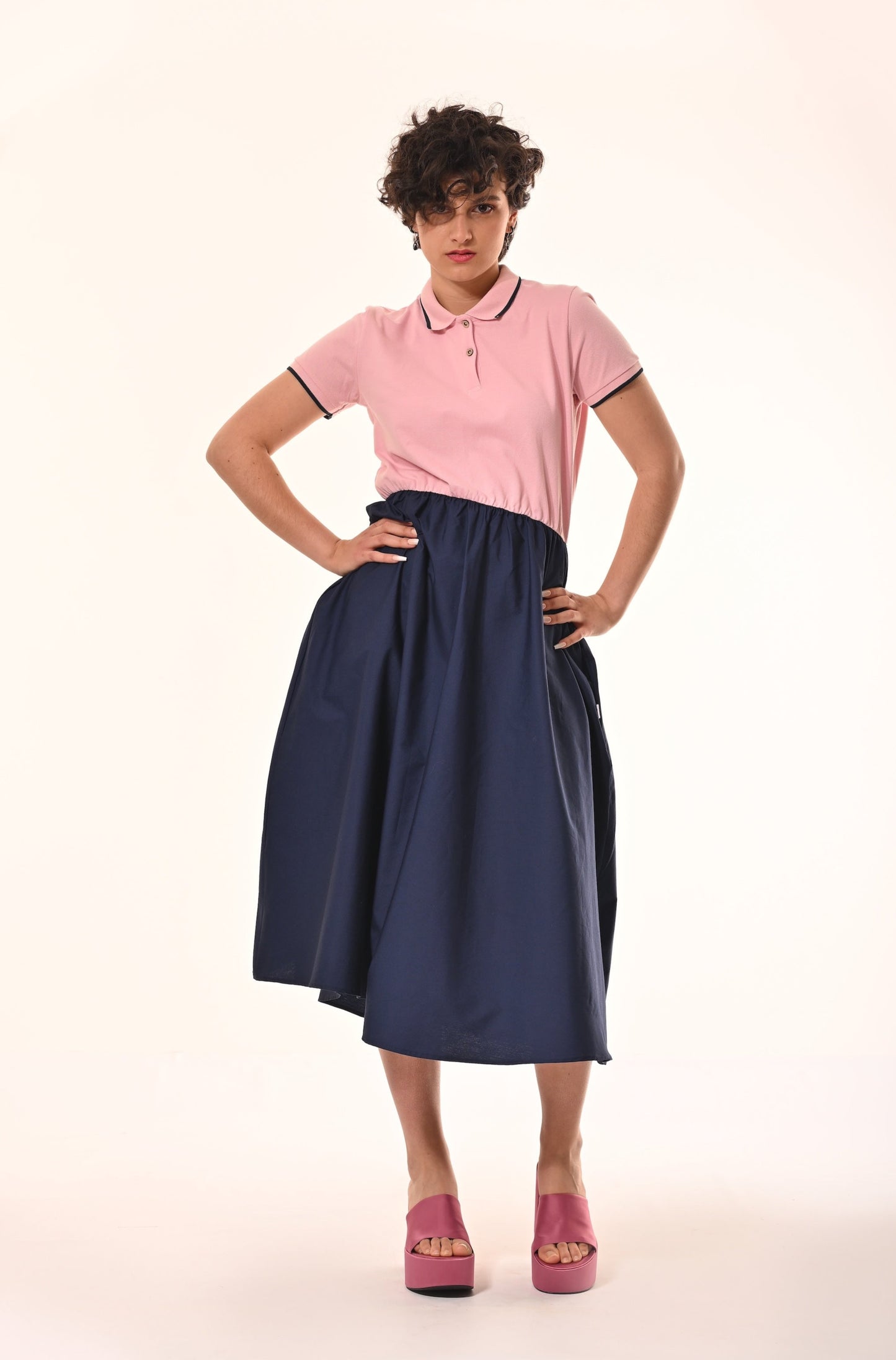 Marina Polo Midi Dress In Pink And Navy