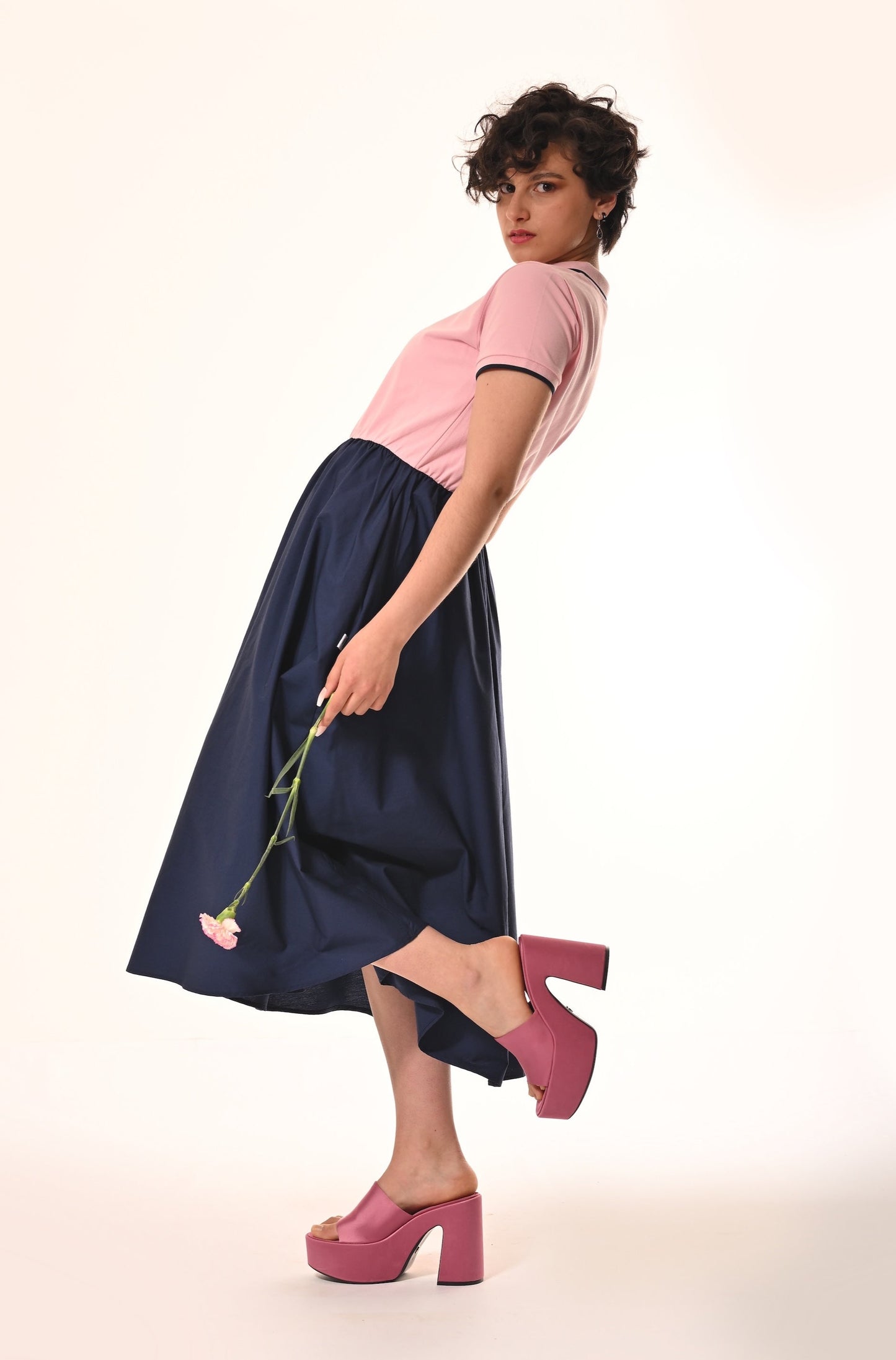 Marina Polo Midi Dress In Pink And Navy