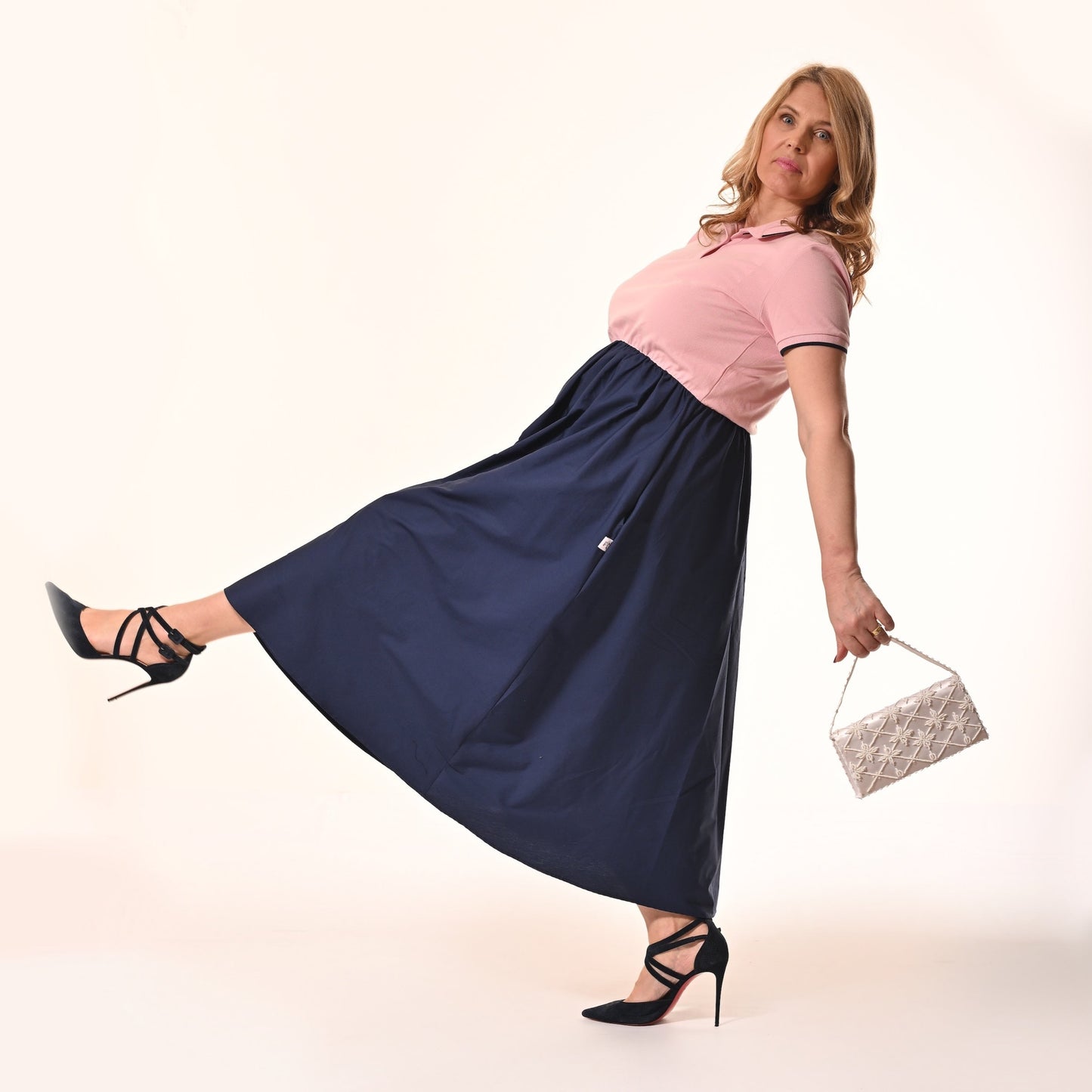 Marina Polo Midi Dress In Pink And Navy