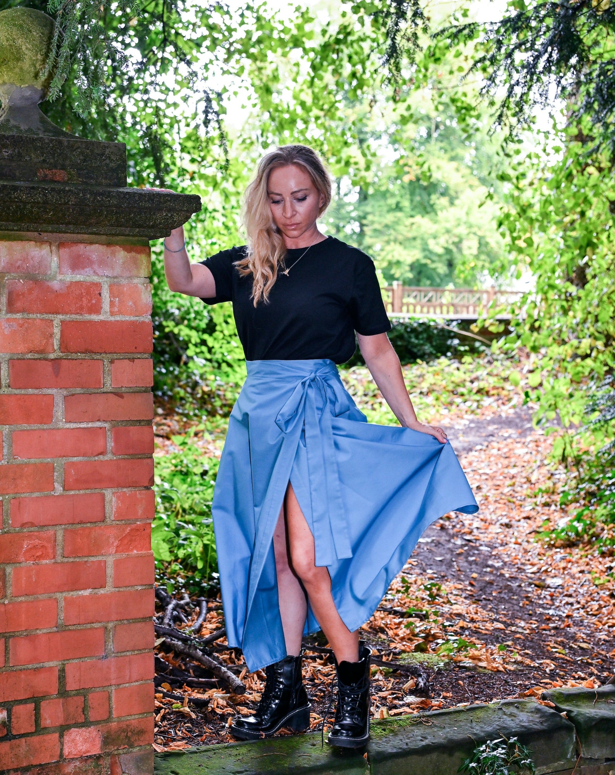 Blue wrap shop midi skirt