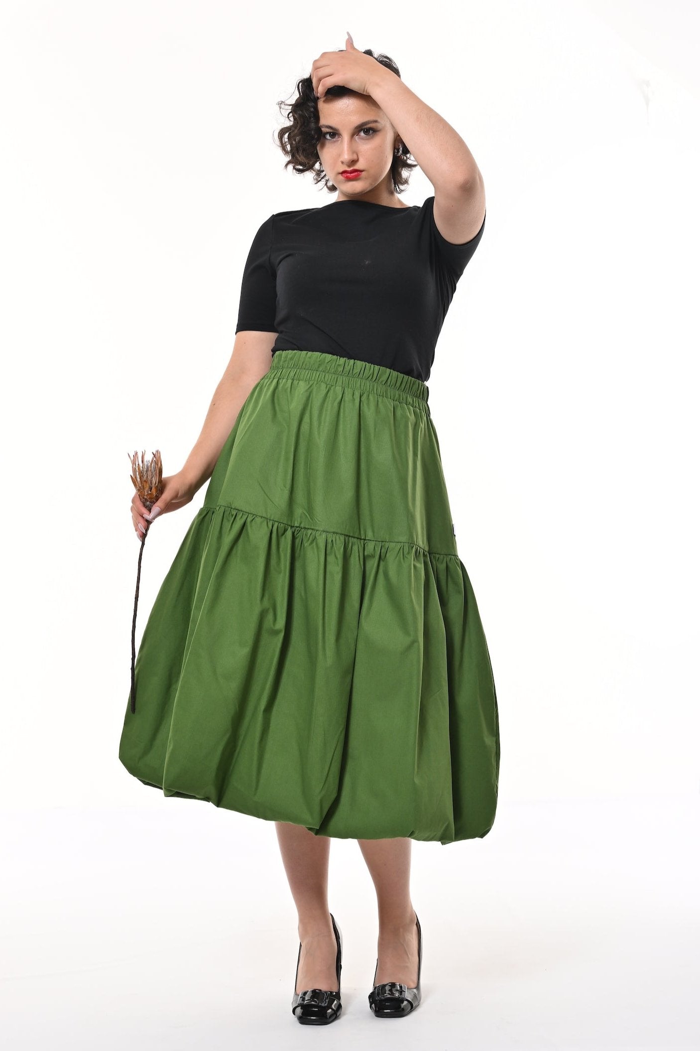 Mylar Puffball Midi Skirt In Green