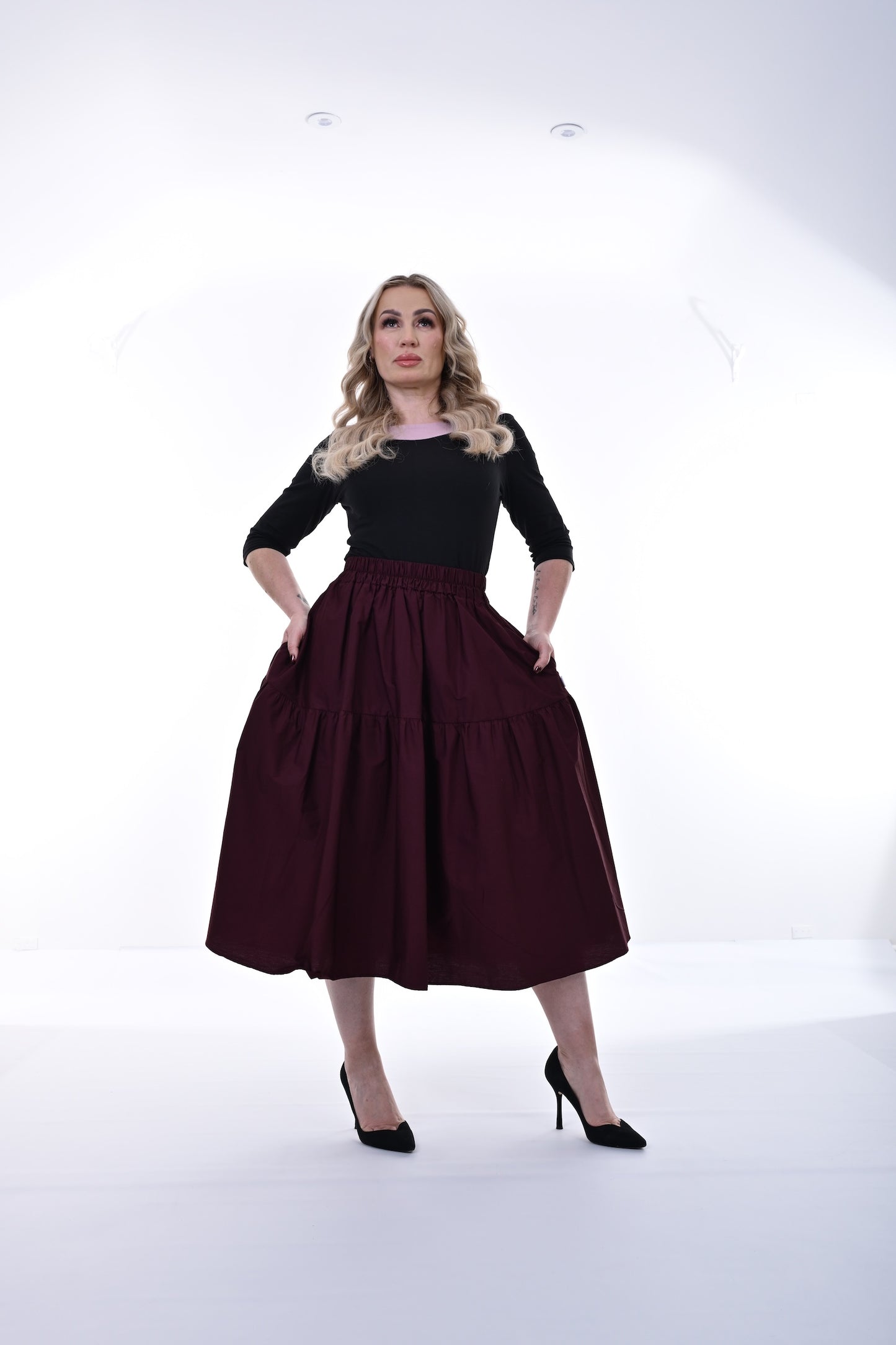 Tahiti Midi Skirt With Pockets In Cherry Laquer