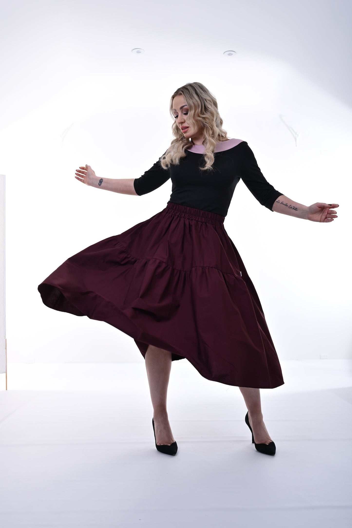 Tahiti Midi Skirt With Pockets In Cherry Laquer