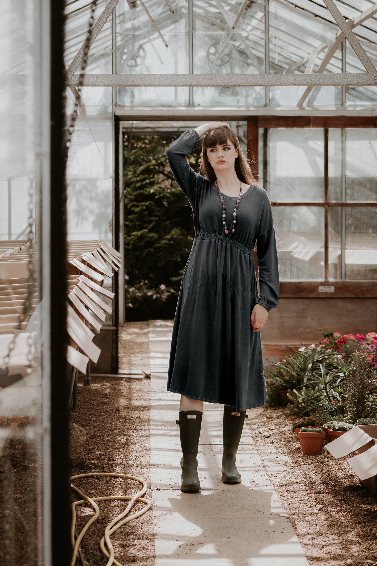 Rustic Midi Dress with Long Sleeves in Charcoal