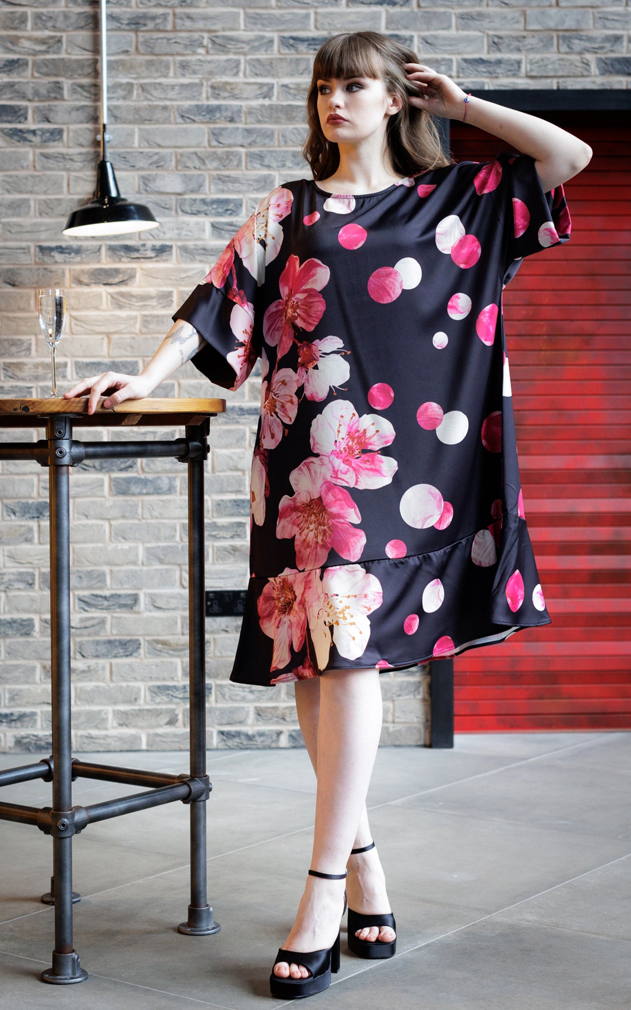 Middlemist Dress In Black And Pink Print