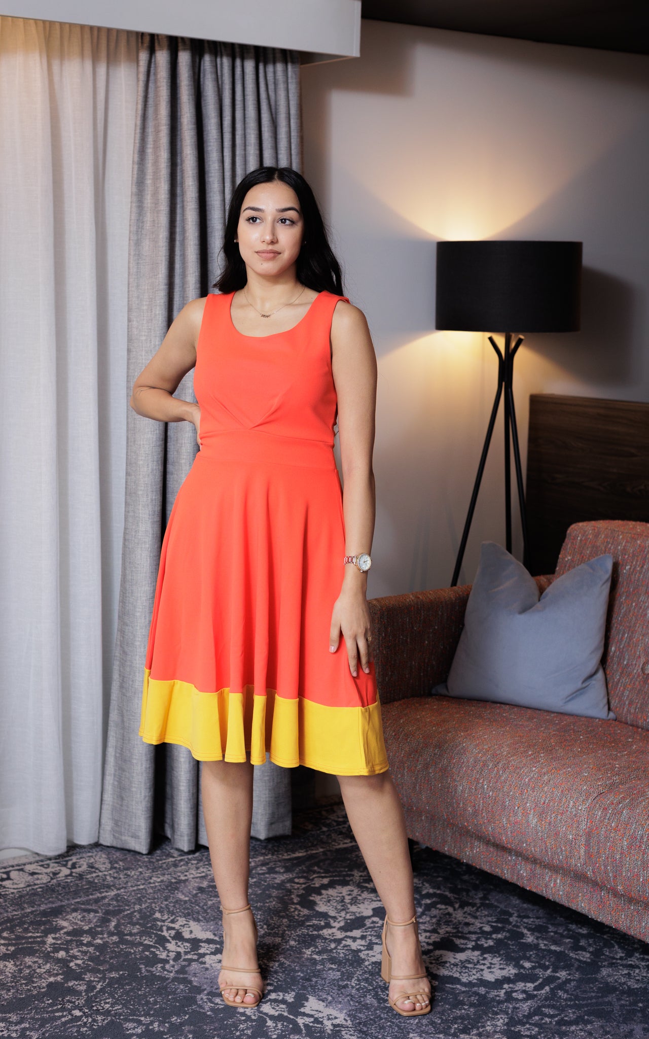 Isabella Dress In Flame With Contrast Stitch