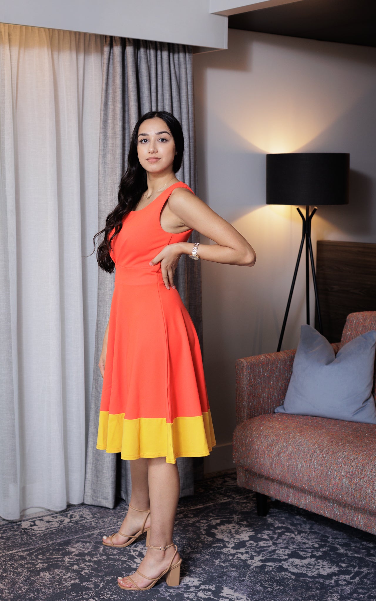 Isabella Dress In Flame With Contrast Stitch