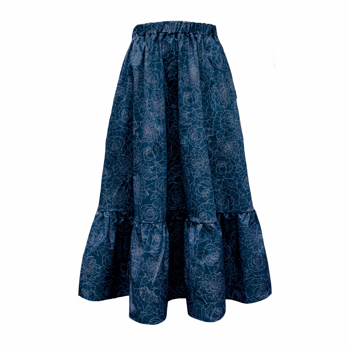 This is a boho gathered midi skirt with pockets in navy print silhouetted against a white background. 