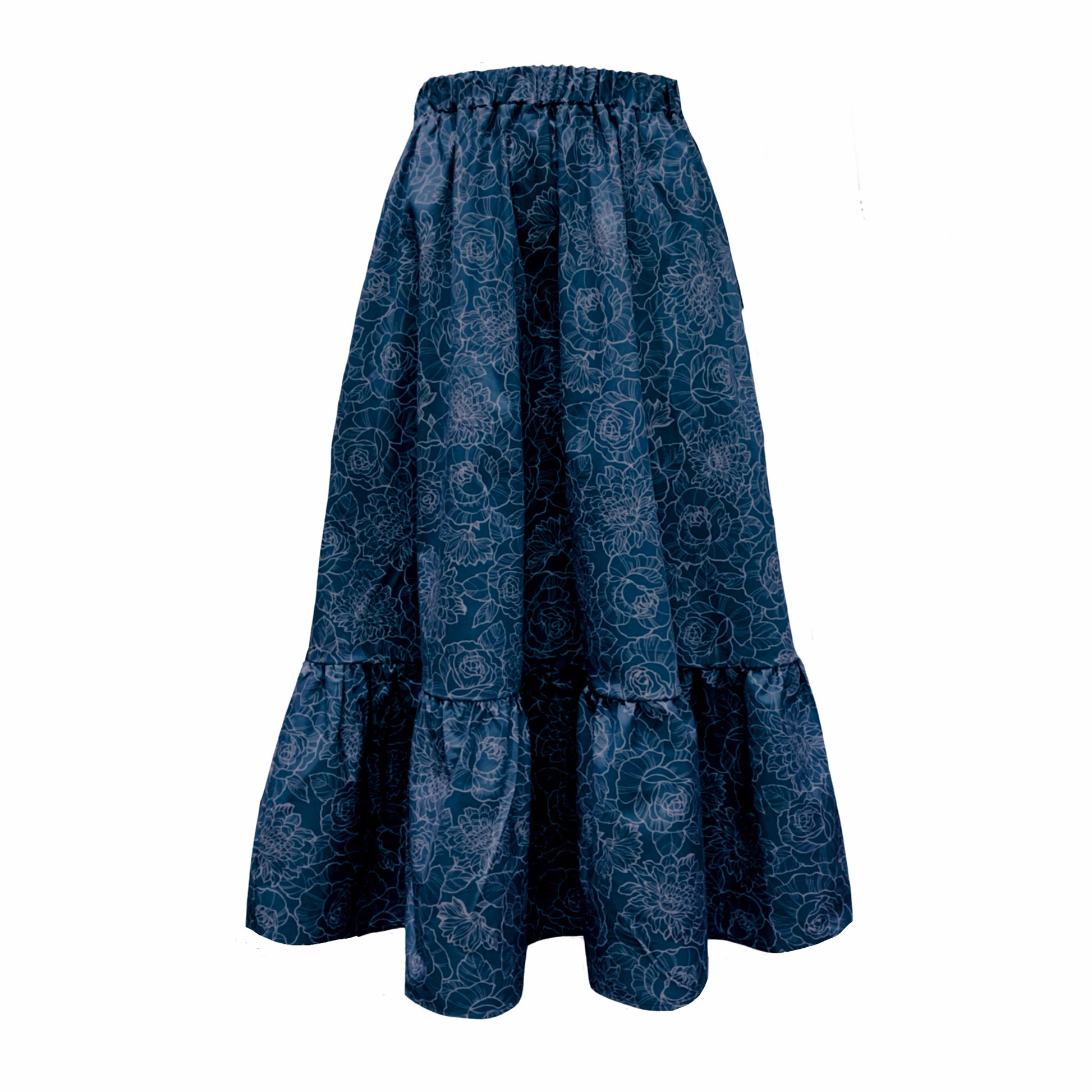 This is a boho gathered midi skirt with pockets in navy print silhouetted against a white background. 