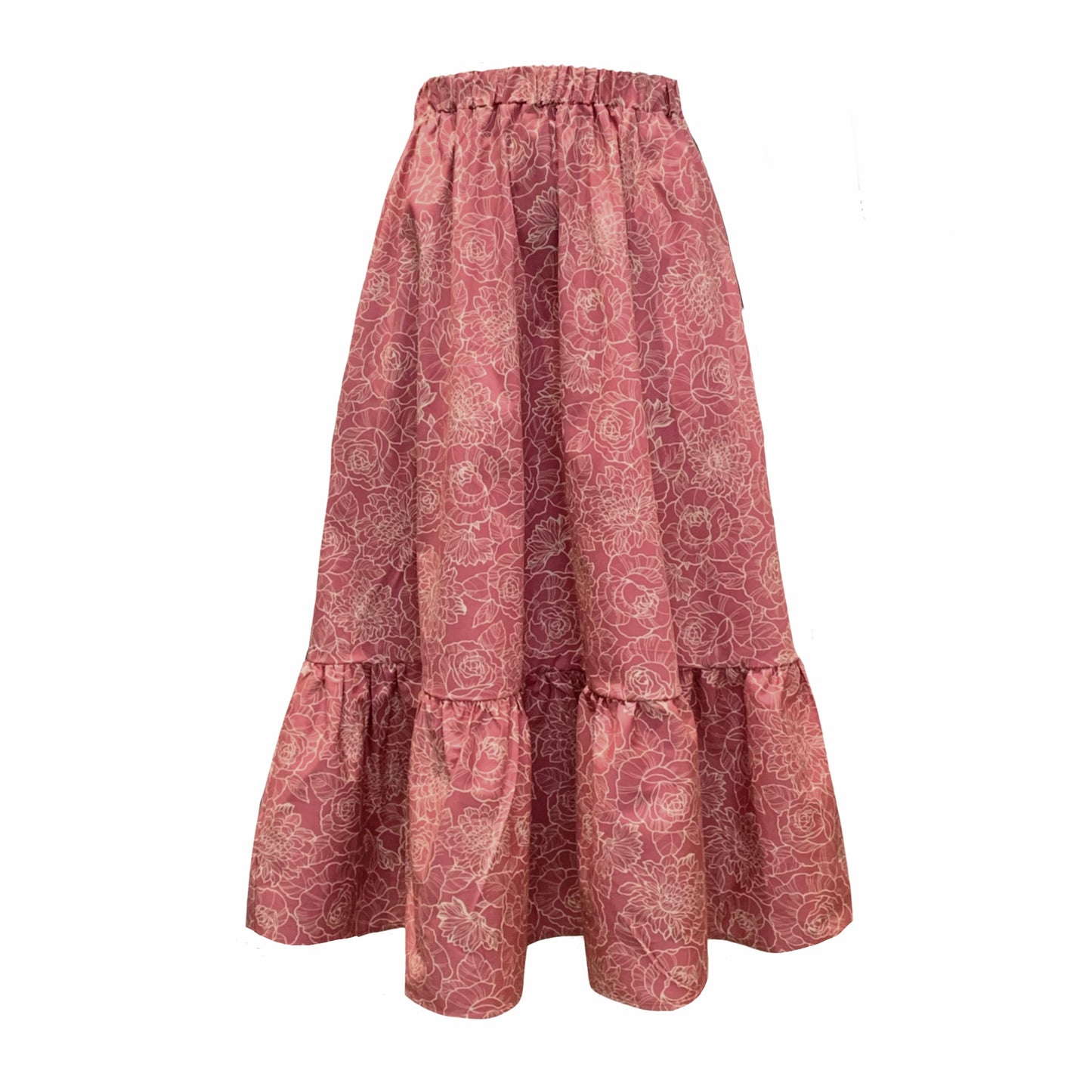 This is a pink and cream patterned skirt silhouetted against a white background. It has an elasticated waist and frill hem.