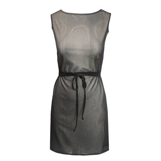 This is a black mesh dress with ties silhouetted against a white background. It is sleeveless with a crew neck. This is a short dress.