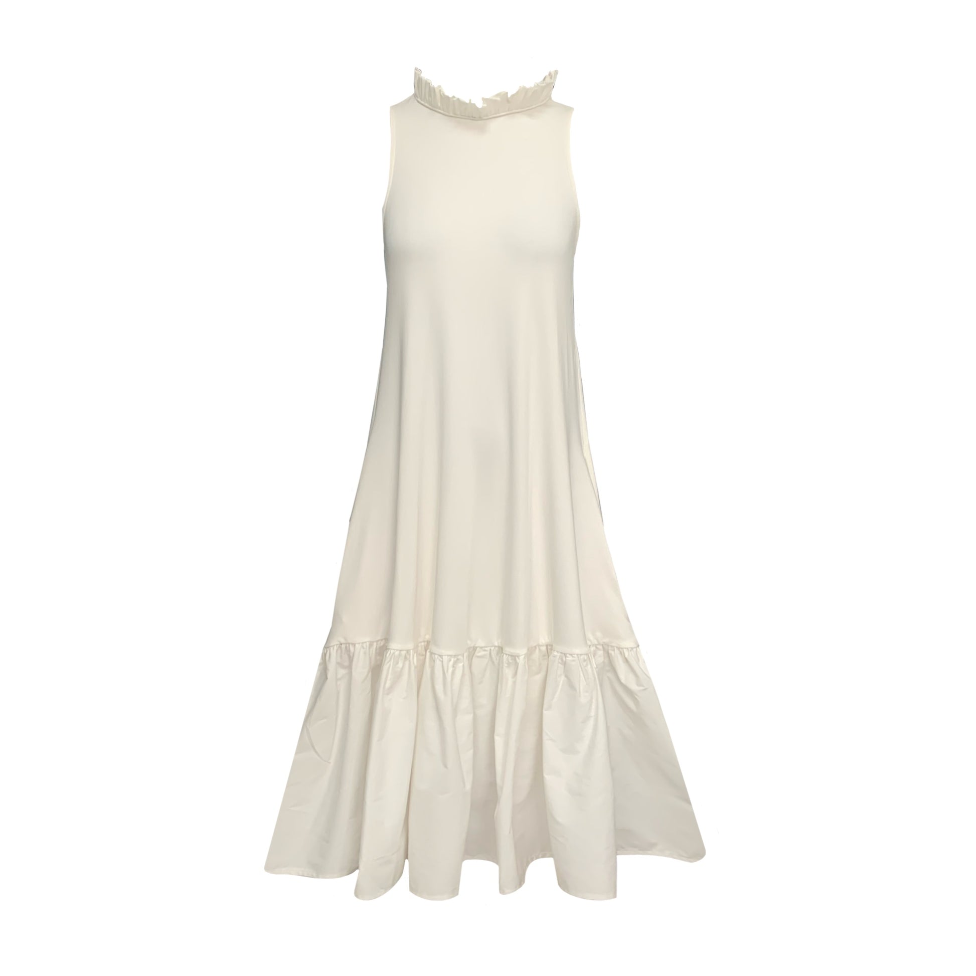 This is a midaxi style dress in cream silhouetted against a white background facing the front. The dress is a midaxi length with pockets. It has a high neck with a row of ruffles. 