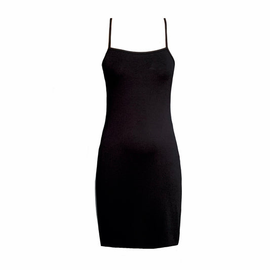 This is a front view of a cami dress with straps meeting at a V. It is silhouetted against a white background.