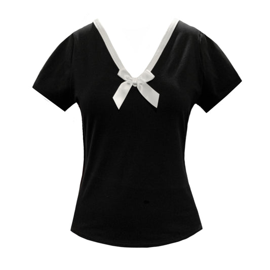 Tuamoto Top In Black With White Trim and Bow