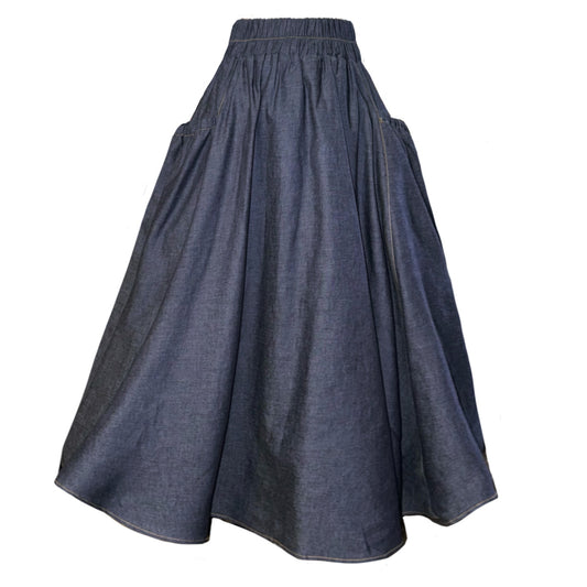 Delta Midi Skirt With Pockets In Blue Chambray