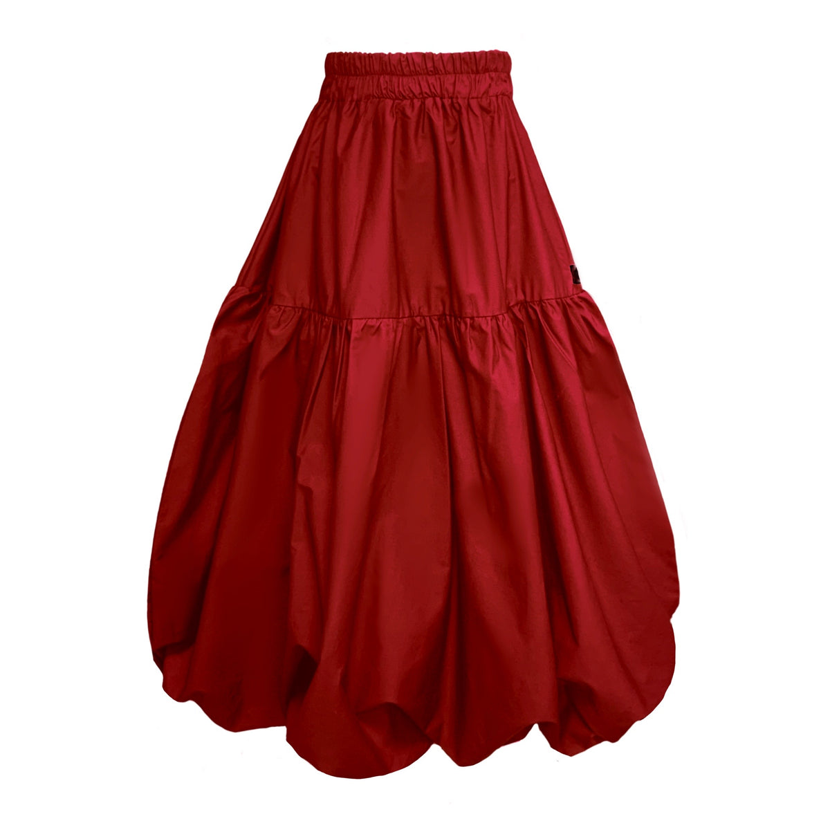 A red tiered puffball skirt with an elasticated waistband, photographed against a solid white background.