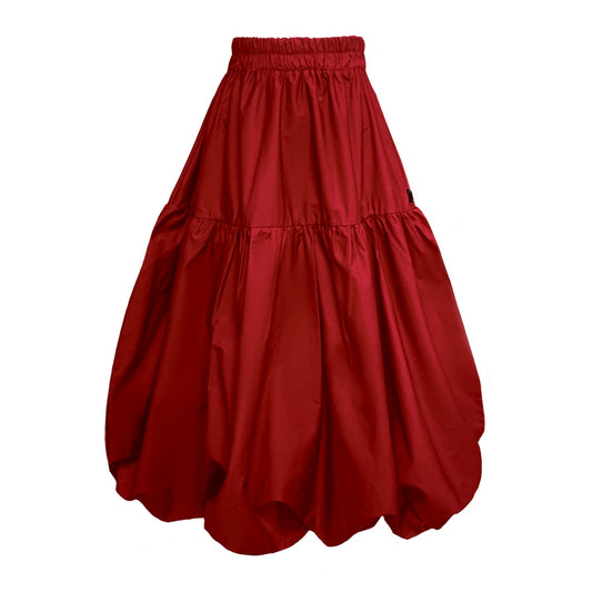 A red tiered puffball skirt with an elasticated waistband, photographed against a solid white background.